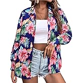 Womens Button Down Hawaiian Shirts Puff Long Sleeve Dressy Casual Floral Printed T-Shirt Trendy V Neck Comfy Boho Blouse Tops