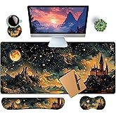 HaoSiTeck 4-Piece Extended Large Mouse Pad Set for Women Men with Castle Night Design Includes 35.4 x 15.7 XXL Large Mouse Pad Keyboard Wrist Rest Mouse Wrist Support and Coaster for Office Home
