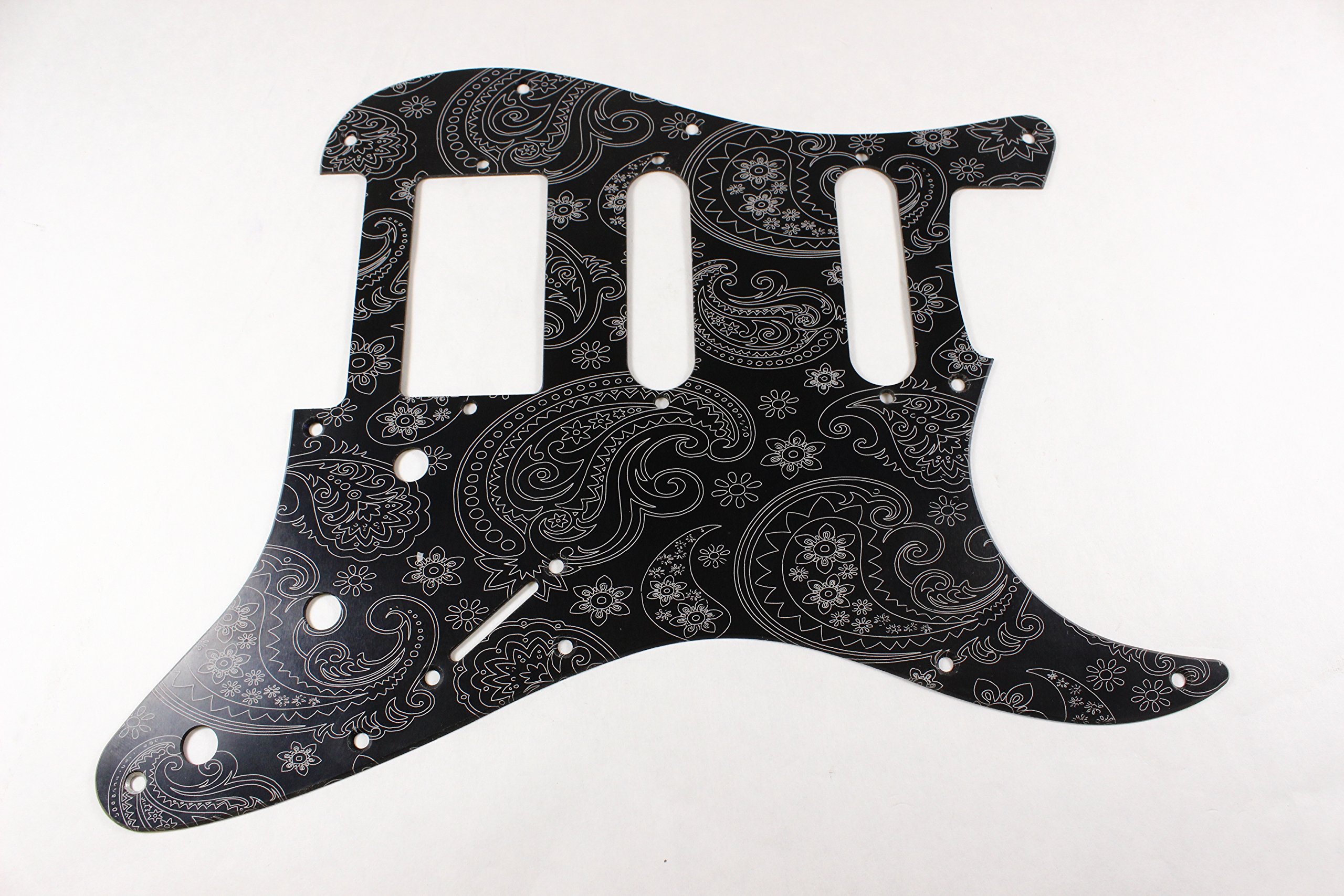 Brushed Black Anodized Aluminum Engraved Paisley HSS Strat Pickguard