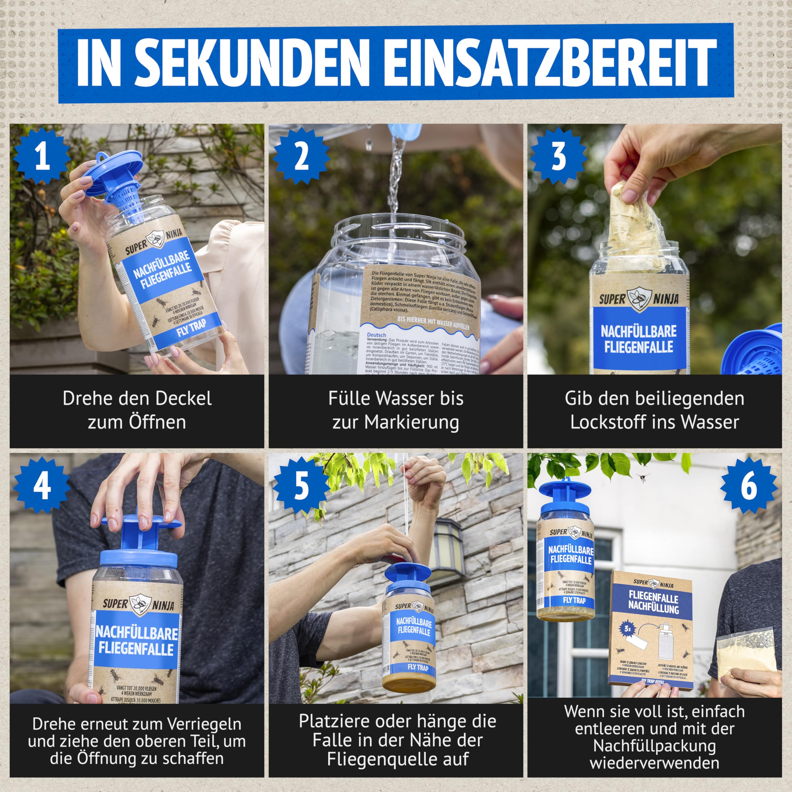 Super Ninja Fliegenfalle Draußen – Wiederverwendbare Fliegenfänger mit nachfüllbarem, Nicht-giftigem Lockstoff, Fängt bis zu 20.000 Fliegen, 4 Wochen Schutz, Mit wasserlöslichem Beutel 4