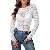 OMSJ Womens Lace Floral Mesh Tops Long Sleeve Sexy See Through Blouse Round Neck Layering Top Shirts