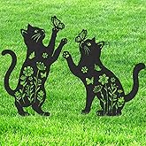 LIRAVENO Metal Cat Garden Decor - 2 Pcs Waterproof Cats Yard Stakes Outside Art Statues Patio Lawn Decoration Pathway Sign Halloween Ornaments Christmas Birthday Gifts for Animal Lover Mom Grandma
