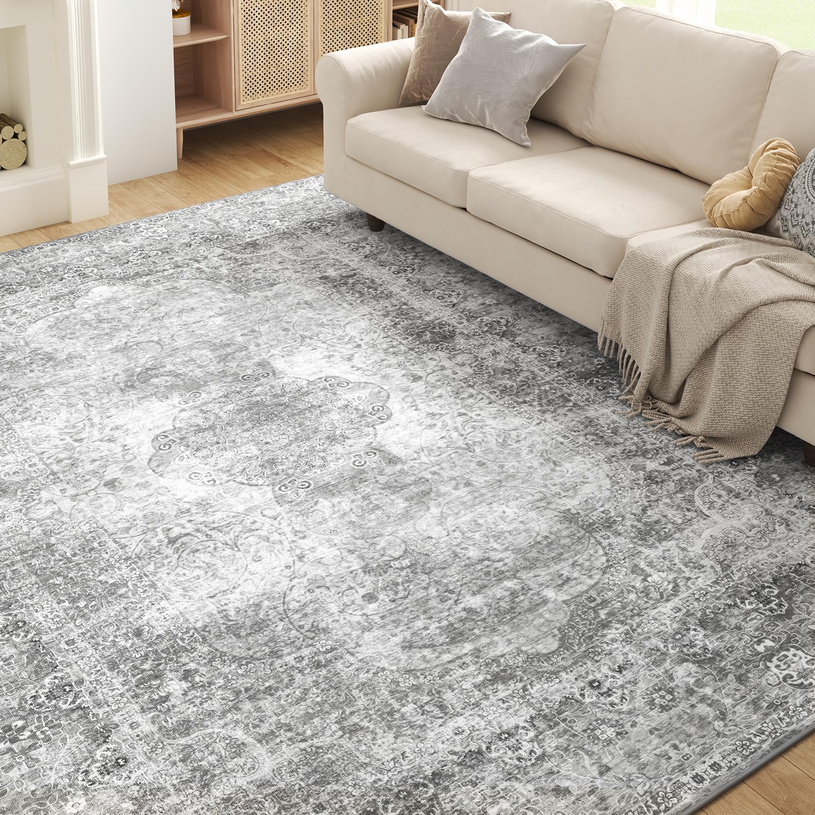 Photo 1 of Grey Washable 5x7 Area Rugs for Living Room Rug Bedroom Rug-Carpet Distressed Neutral Vintage Dining Room Rugs for Under Table Soft Comfortable Non Slip