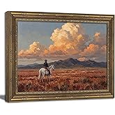 Vintage Gold Framed Wall Art Western Cowboy Wall Art Vintage Cowboy on Horse Wall Decor Picture Rustic Sunset Landscape Poster Print for Living room Bedroom Home Decoration 9x11in