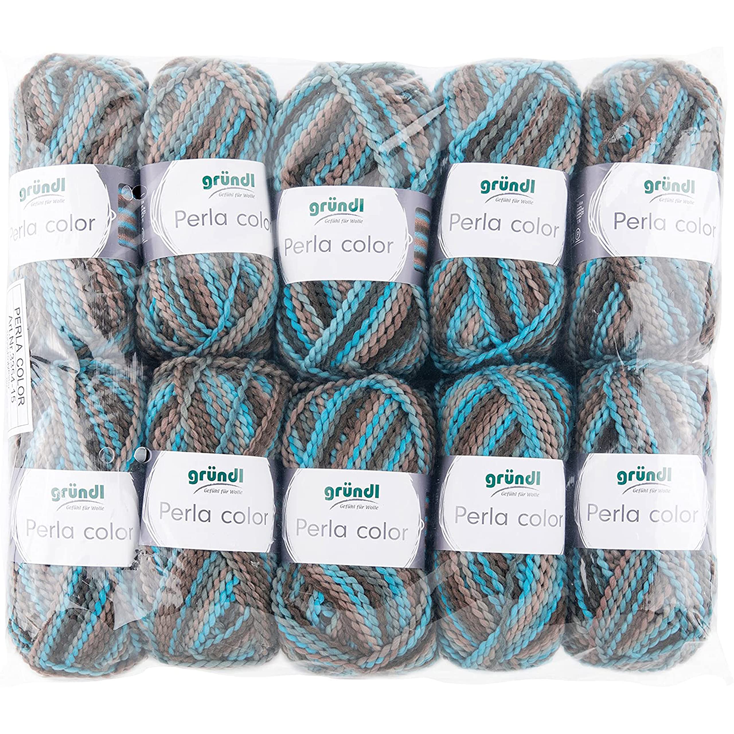 Gründl Perla Colour, value pack 10 balls, 100 g knitting wool, 100% Polyester, 100% Polyester, Braun-türkis-mix, 39 x 20 x 8 cm