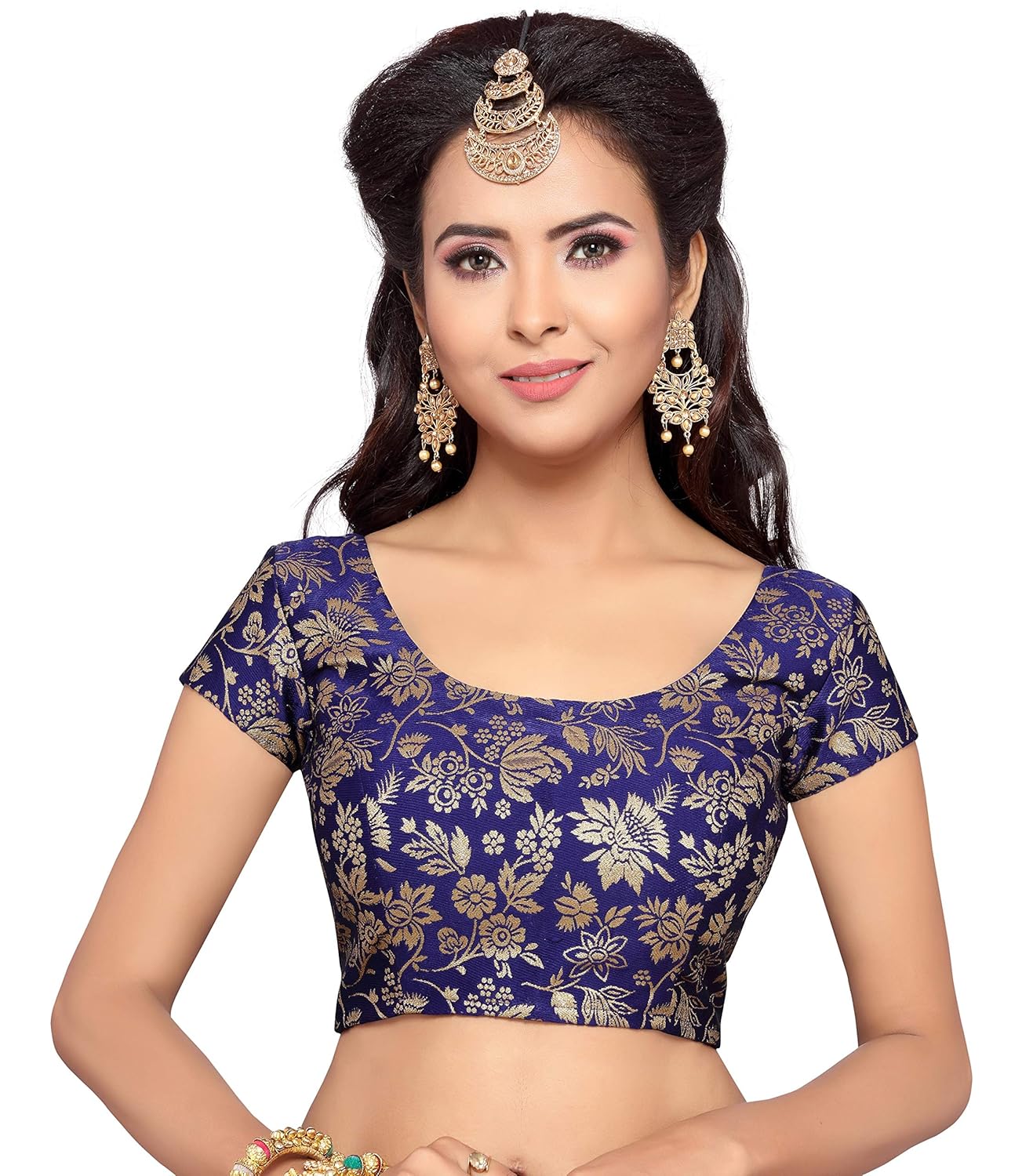studio shringaar women's benaras brocade readymade saree blouse with round neck and short sleeves
