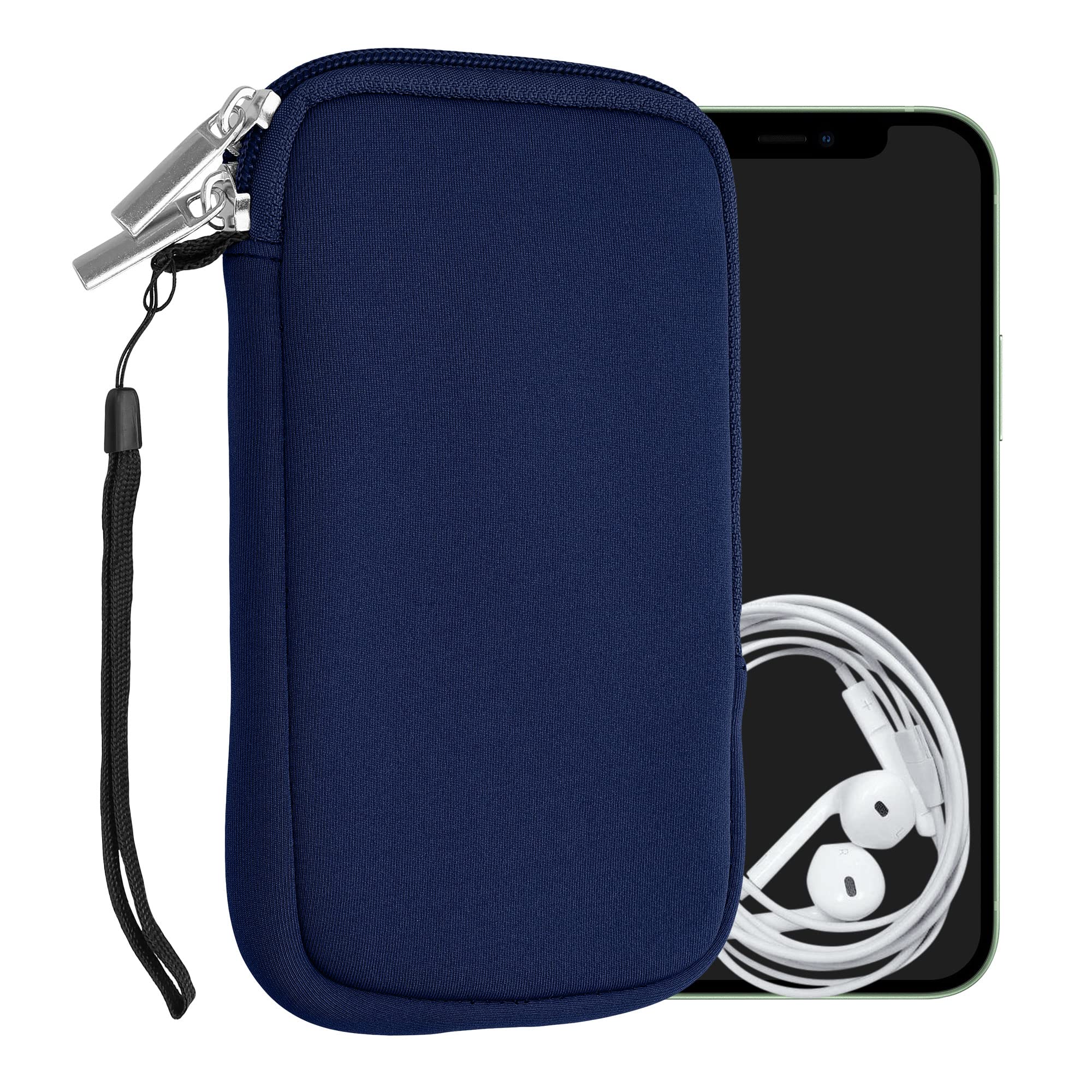 kwmobile Neoprene Phone Pouch Size M - 5.5" - Universal Cell Sleeve Mobile Bag with Zipper, Wrist Strap - Dark Blue