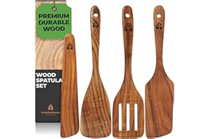 WOODENHOUSE LIFELONG QUALITY Wooden Spatula for Cooking, Kitchen Set of 4, Natural Teak Wooden Utensils including Paddle, Turner Spatula, Slotted Spatula and Wood Scraper. Nonstick cookware.
