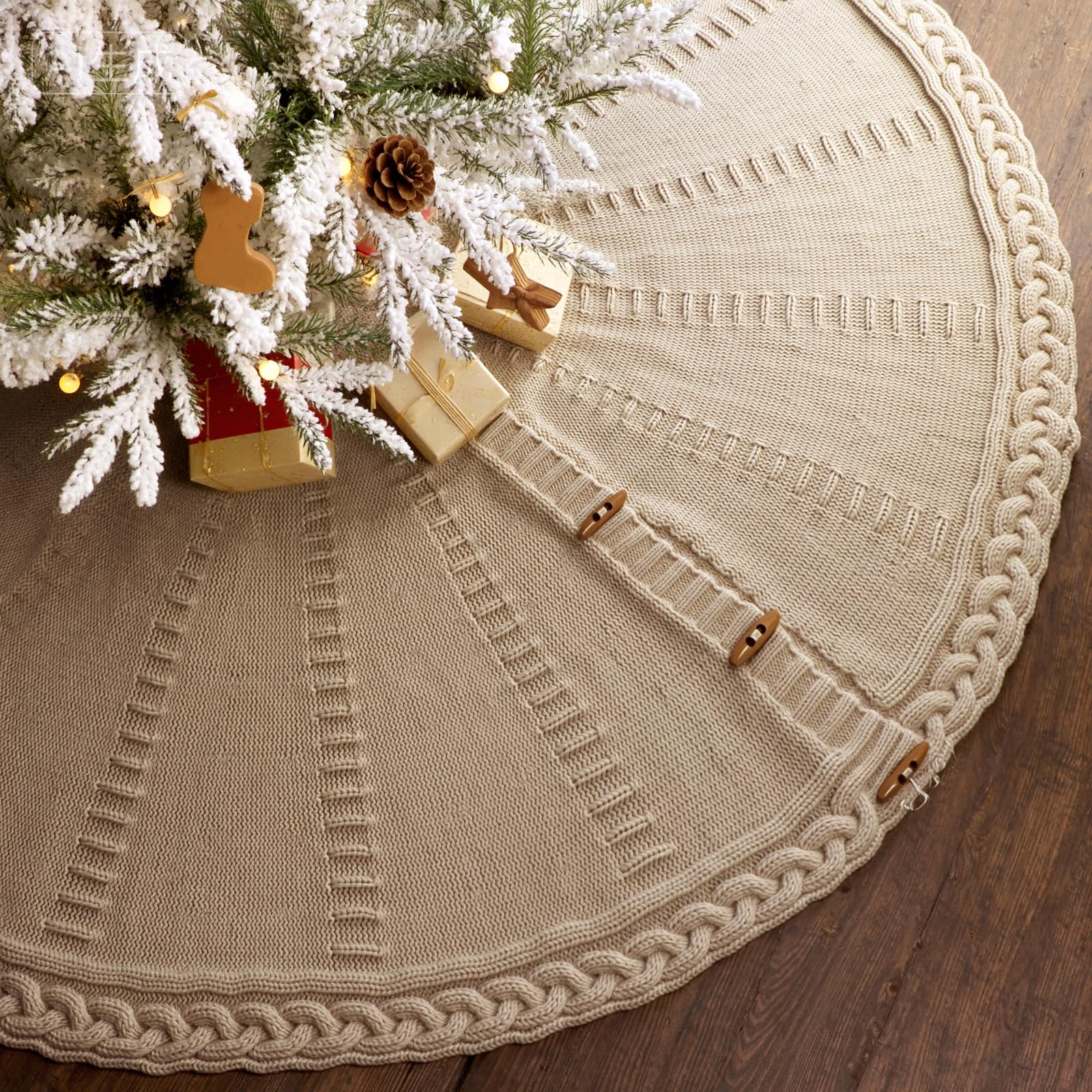 Photo 1 of 60 inch Christmas Tree Skirt: Large Tree Skirt for 9ft Tree, Braided Cable Knit Beige Tree Skirt, Vintage Tree Skirts, Rustic Farmhouse Christmas Decorations
