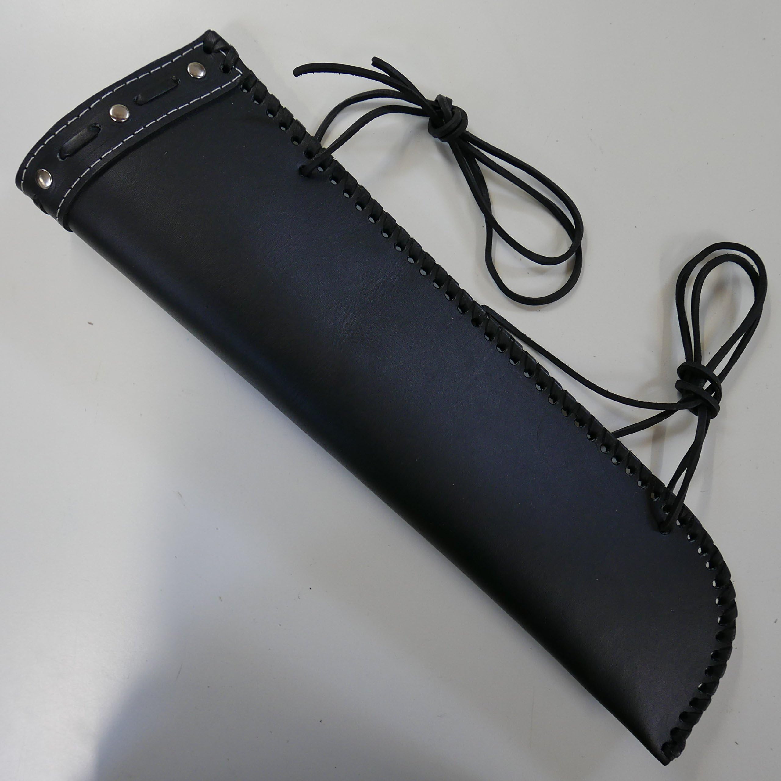 double bass bow quiver, black studded leather with bound seam