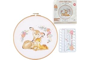Maker Susan Happy Baby Deer Pattern Counted Cross Stitch Kits for Adults and Beginners with Wooden Hoop, DMC Fabric, Threads and Needles, Embroidery Thread Floss Organizer Cards (E2604)