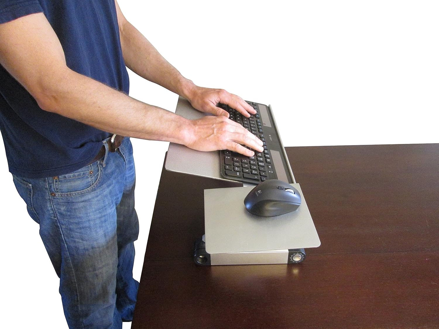 WorkEZ Keyboard and Mouse Tray ergonomic adjustable height angle negative tilt sit to stand up on-desk table-top desktop standing computer stand riser lift raise keyboards to standing height, silver : Office Products