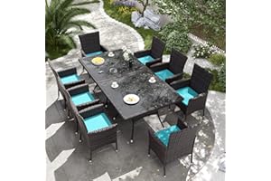 Delnavik 10 Piece Patio Outdoor Dining Set, Wicker Patio Furniture Set of 8 Rattan Chairs with Soft Cushions and Two Square Table with Umbrella Cutout, Blue