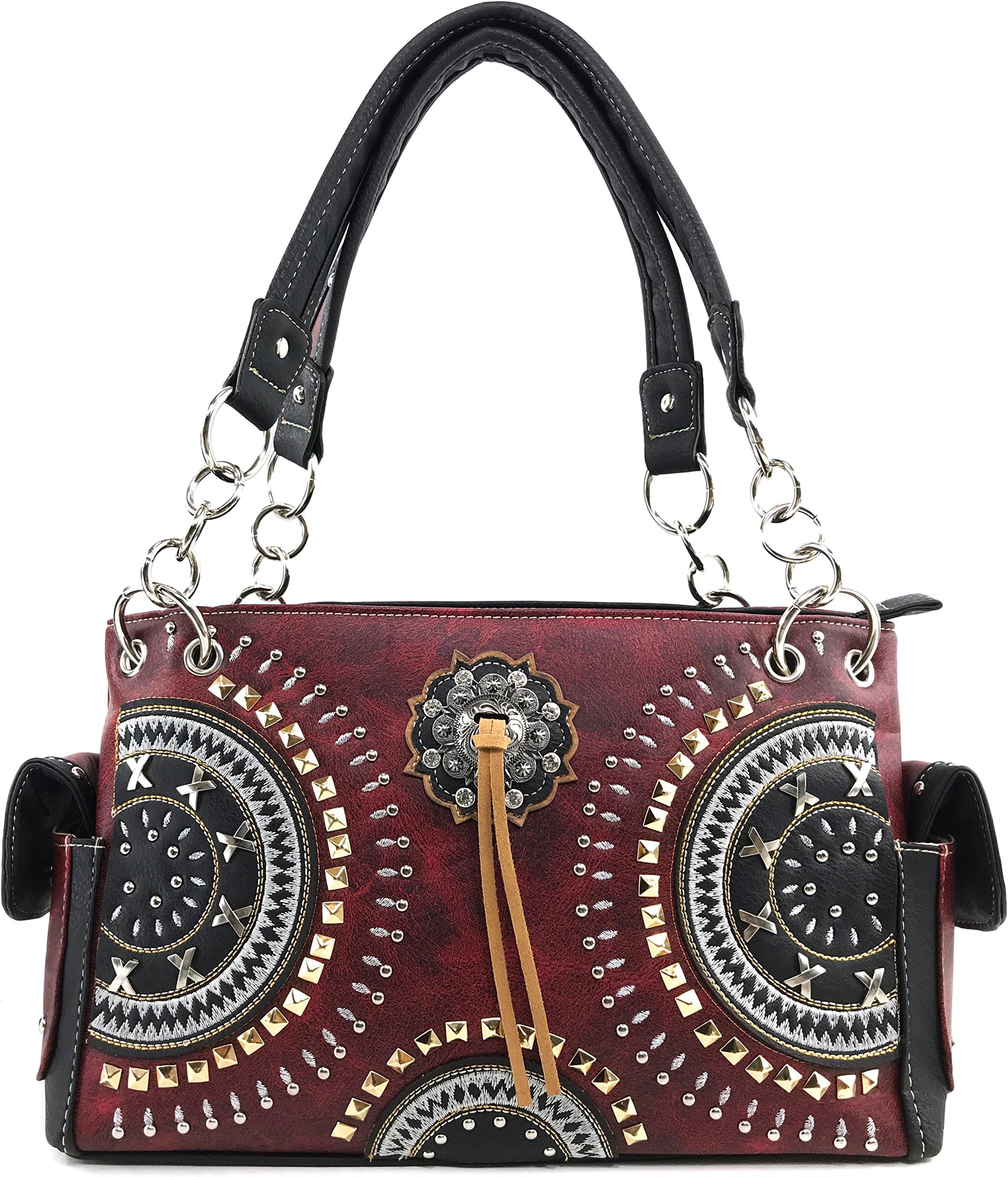 Justin West Native American Circle Mountain Gold Studs Embroidered Studded CCW Concealed Carry Shoulder Purse Handbag