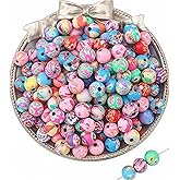 DAHI 150pcs 10mm Round Polymer Clay Beads Assorted Colorful Painted Flower Beads Handmade Loose Beads for Jewelry Making (10mm