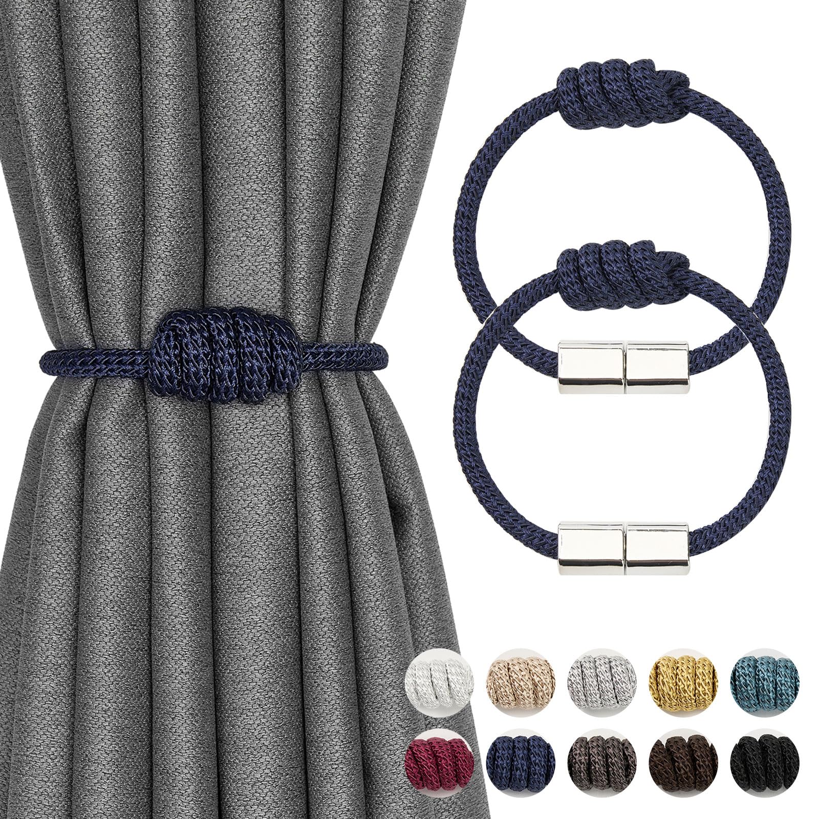 Pretty Jolly 2 Pack Mini Magnetic Curtain Tiebacks Modern Simple Style Drape Tie Backs Elegant Hand Weave Rope Knot Decorative Curtain Holdbacks for Home & Office Window Drapery (Dark Blue)