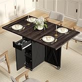 BHAODEAL Folding Dining Table for 2-6, Easy Assembly, Dark Brown+Black | 52.7" Folding Dining Table with 6 Wheels, Drop Leaf Table with Drawers, Shelves and Wine Rack for Small Spaces