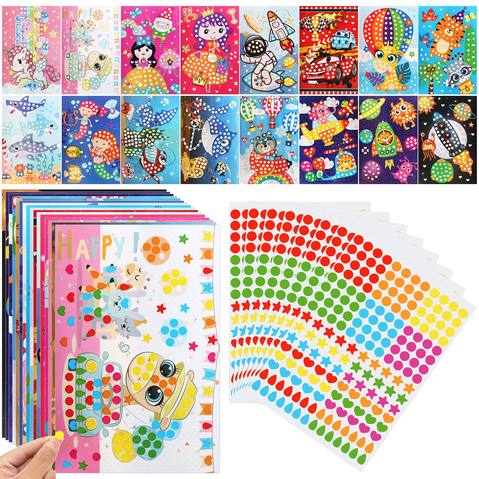 16 Sheets Dotty Sticker Art Kits for Kids: Dot Stickers & Pictures (16 Patterns)