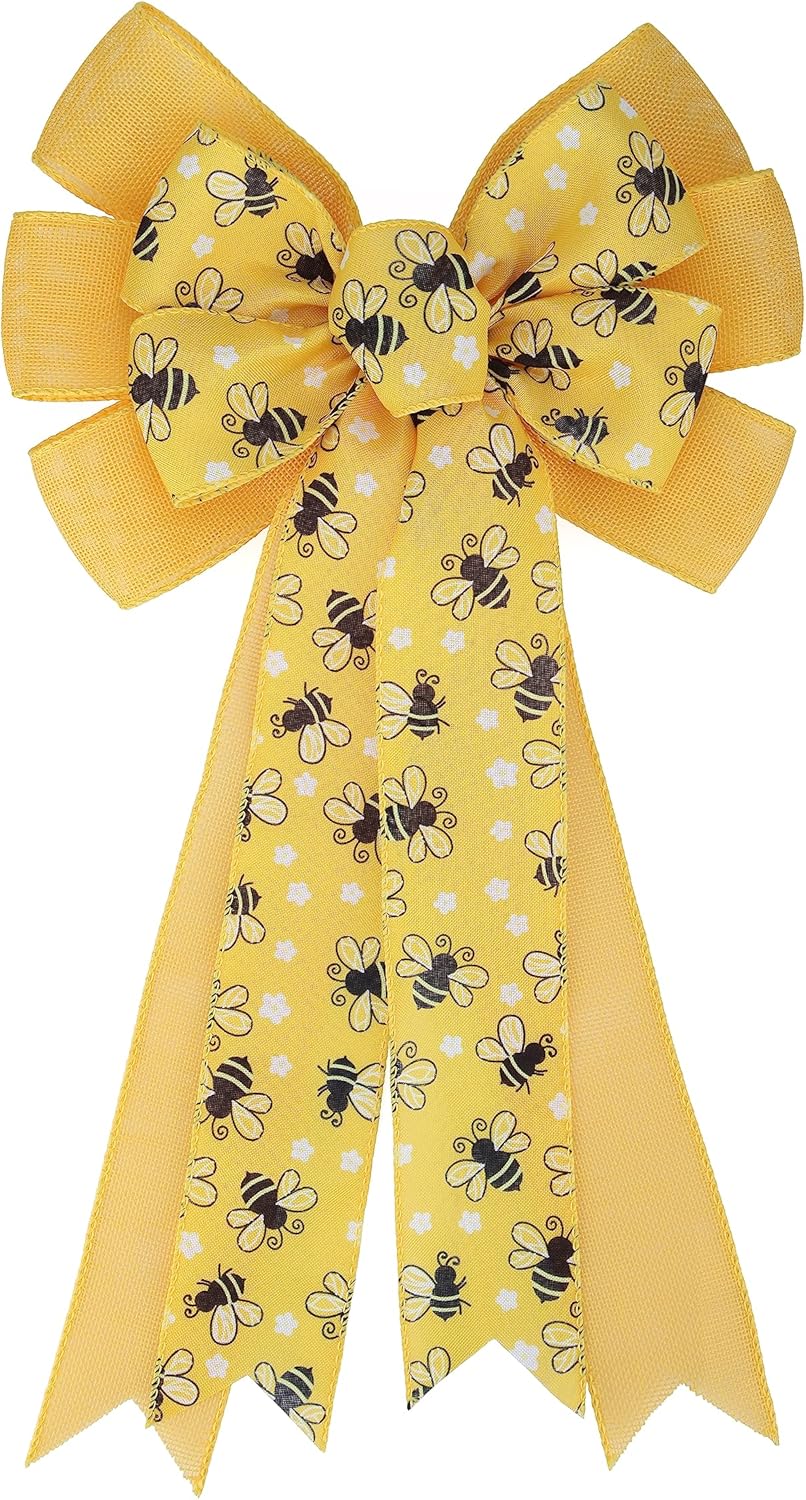 Bows & Ribbons - Meseey Large Yellow Bumble Bee Burlap Bow Black and Yellow Honey Bee and Floral Wreaths Bows for Gift Wrapping Tree Topper Front Door Party Home Decorations (Bee) (Y-Bumblebee)
