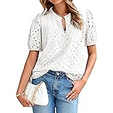 Glamaker Womens Summer Tops Blouse 2026 Casual Eyelet Embroidered Short Puff Sleeve Lace Hollow Out Button Dressy Shirts
