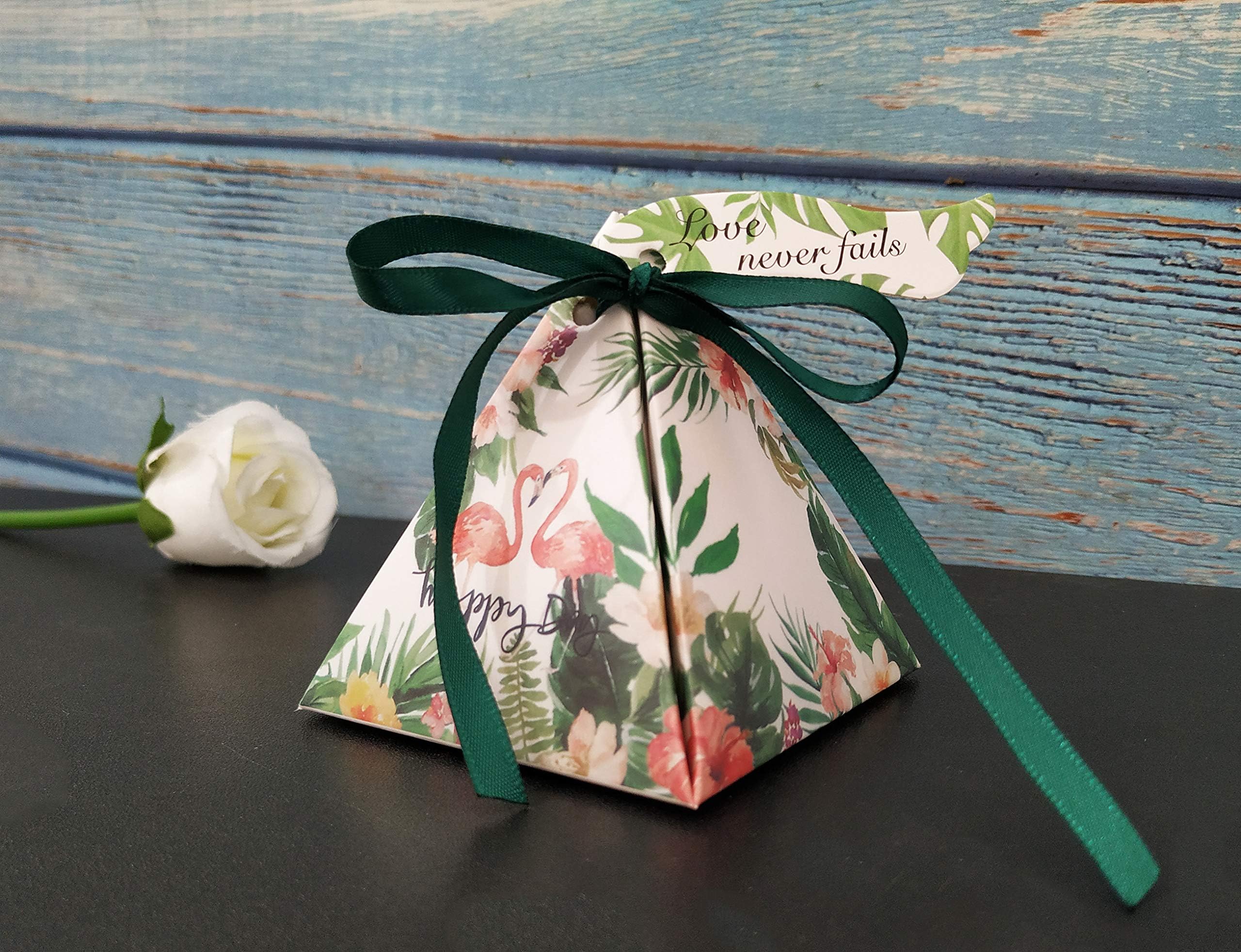 Ahvoler 50 Pcs Flamingo Paper Wedding Candy Boxes Triangle Wedding Gift Box with Double-Sided Printing (Type B-50pcs)