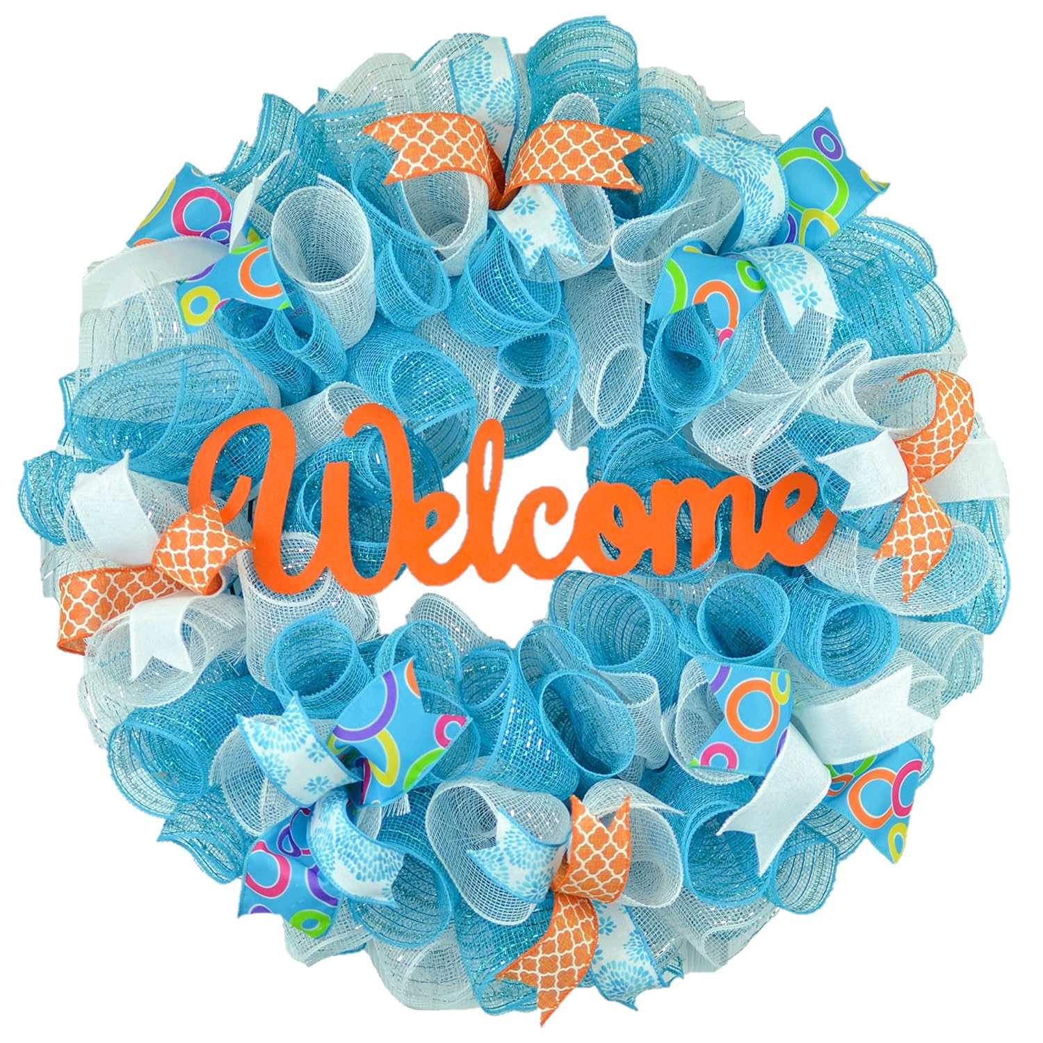 Amazon Com Everyday Welcome Wreath Spring Door Wreath Summer Mesh Wreath Orange Turquoise White Teal P9 Handmade
