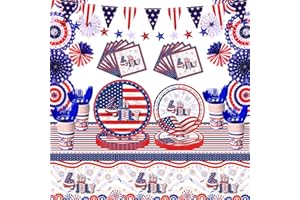 SCIONE 4Th of July Day Decor, Party Decorations Red White Blue Banner, Plates, Napkins, Cups, Tablecloth Tableware Kit Serves 24 Guests, Memorial Veterans Independence Day Decor