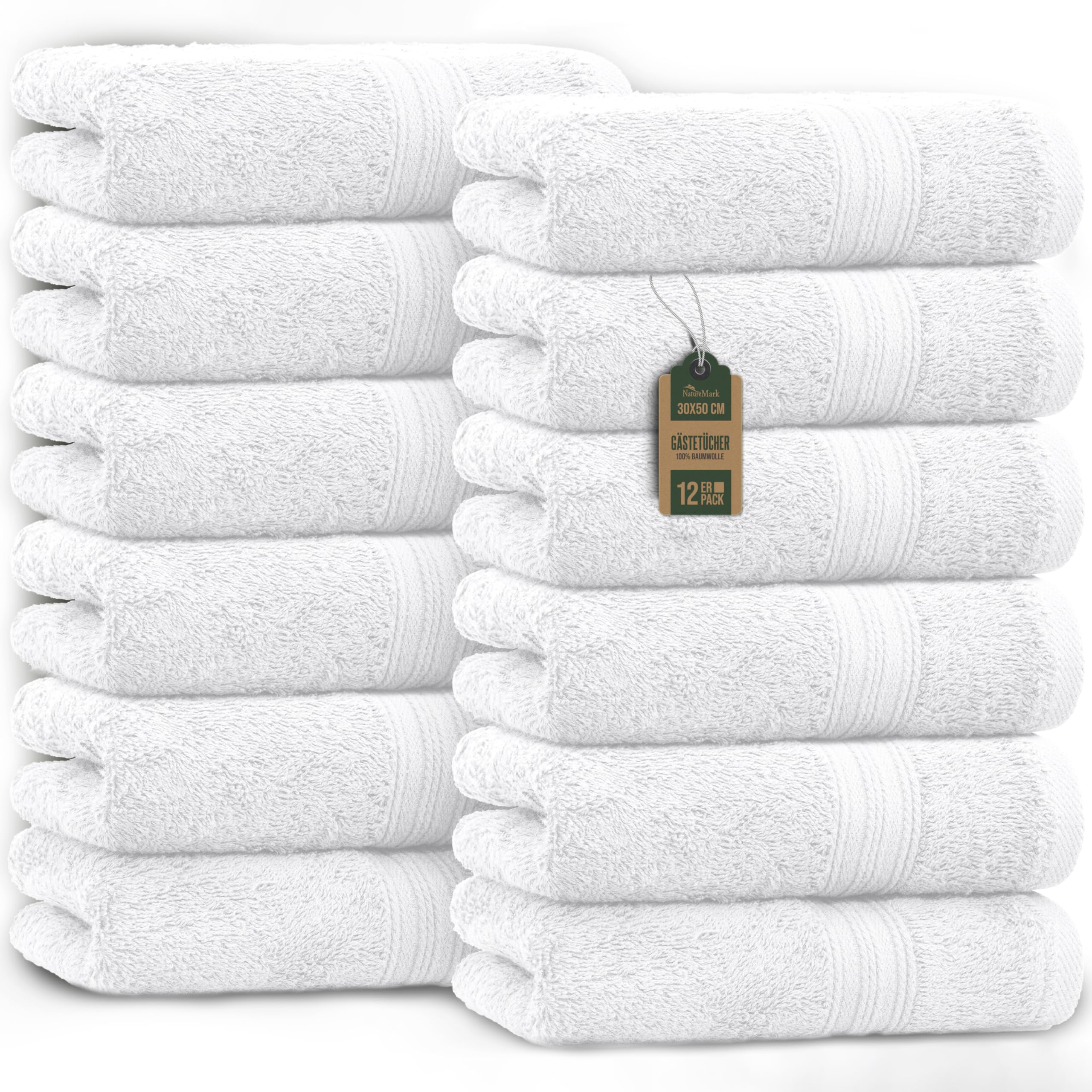NatureMark 12 Guest Towels, 100Percent Cotton, White, Pack of 12-30 x 50 cm NM-HT0816