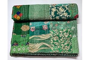 SAMBHAV QUILT HUB Embroidery Handmade Vintage Silk Sari Jari Patchwork Khambhadiya Kantha Quilting Embroidery Kantha Quilt Reversible Bed Cover Assoted Kantha Quilt Throw Blanket (Green, 108X108 inches)
