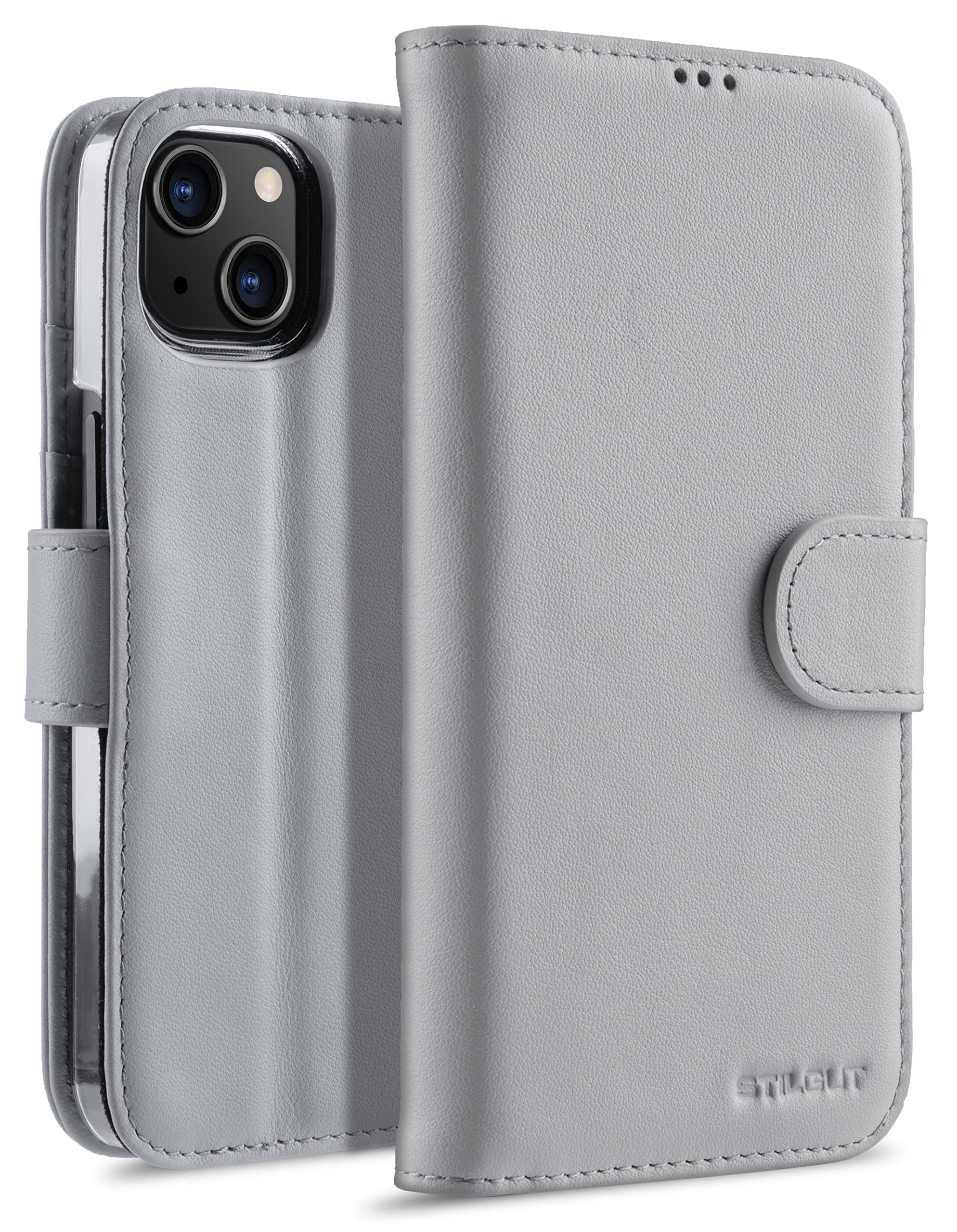 STILGUT Talis Compatible with iPhone 13 mini (5.4 Inch) Leather Case with Card Slot, Flip Cover, Wallet Case, Mobile Phone Case with Compartments, Stand Function & Closure, Grey Nappa