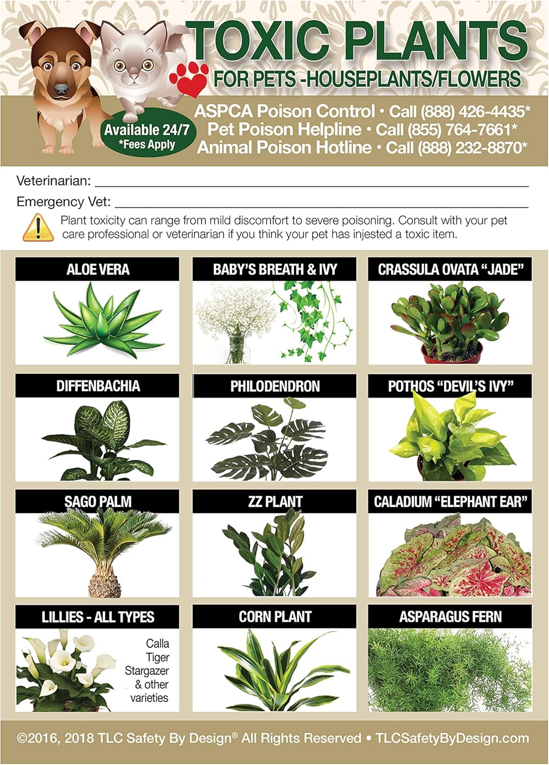 TLC Safety By Design ENHANCED TOXIC PLANTS FLOWERS TRADEMARKED Poison for Pets Dogs Cats Emergency Home Alone 5” x 7” Veterinarian Approved Refrigerator Safety Magnet (Qty. 1)