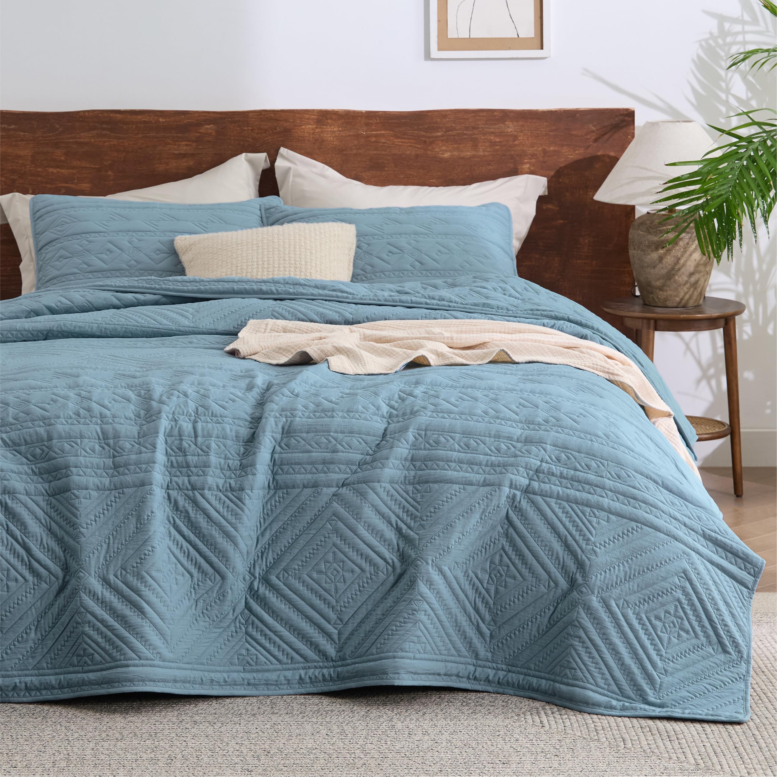 Photo 1 of Bedsure Boho Quilt King Size - Lightweight Bedspread King Size with Geometric Stitched Pattern, Dusty Blue Farmhouse Soft Bedding Set Coverlet with 2 Pillow Shams for All Seasons, 106x96 inches