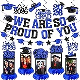 Graduation Decorations 2026 - Blue Congrats Grad Party Supplies Include Glitter We are So Proud of You Banner, Hanging Swirls and Honeycomb Centerpieces for Photo Toppers