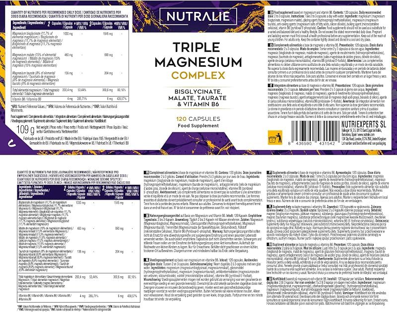 Triple Magnesio Complex Bisglicinato + Malato + Taurato Cansancio, Fatiga, Energía y Sistema Nervioso, con Vitamina B6-120 Cápsulas Nutralie — foto 6 de 6