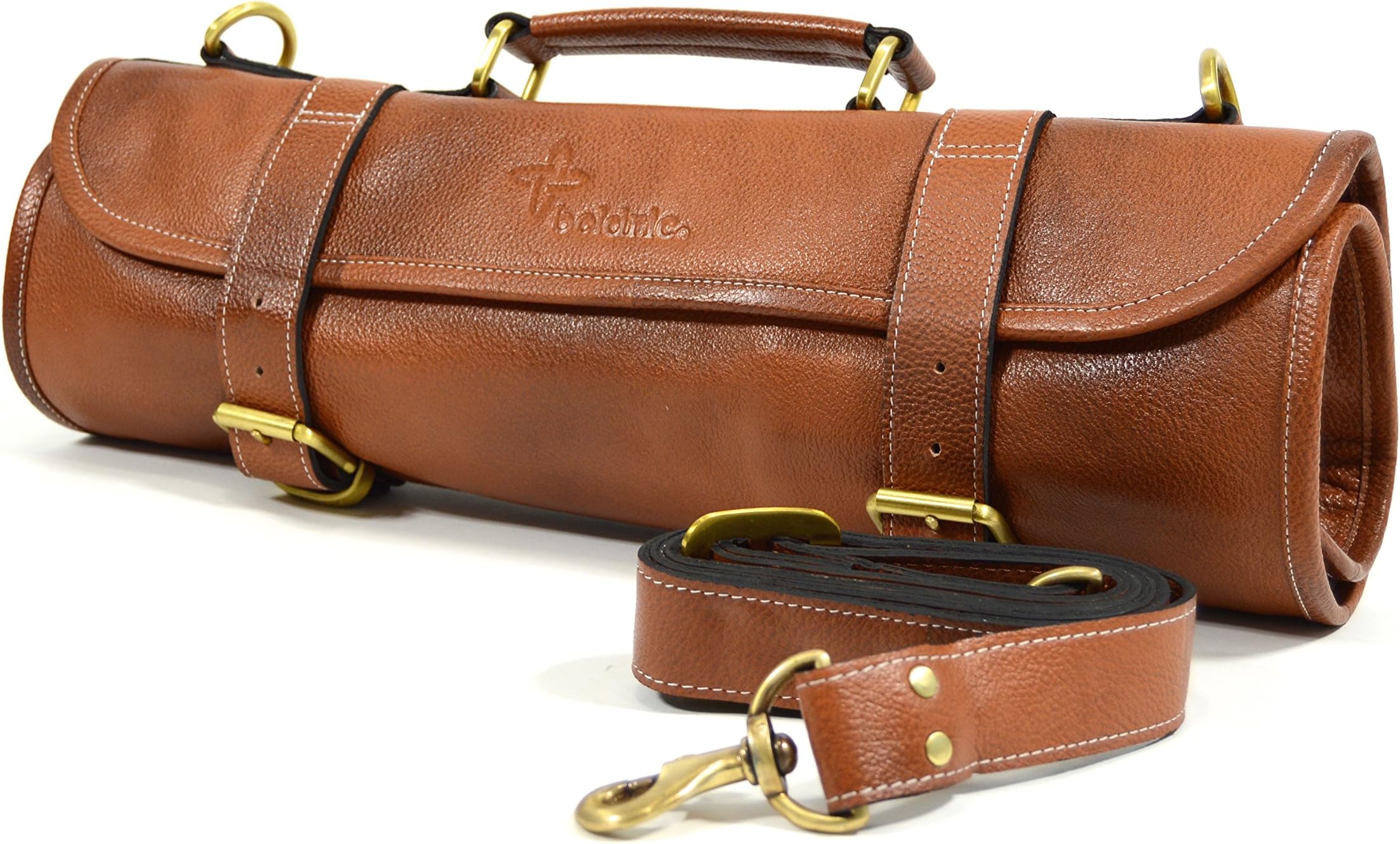 Boldric 9 Pocket Leather Chef Knife Roll Bag With Shoulder Strap – Professional Water Buffalo Hide Travel Carrier Case With Tool Organizer Slots For Knives Pens Pencils Spoons (Tan)