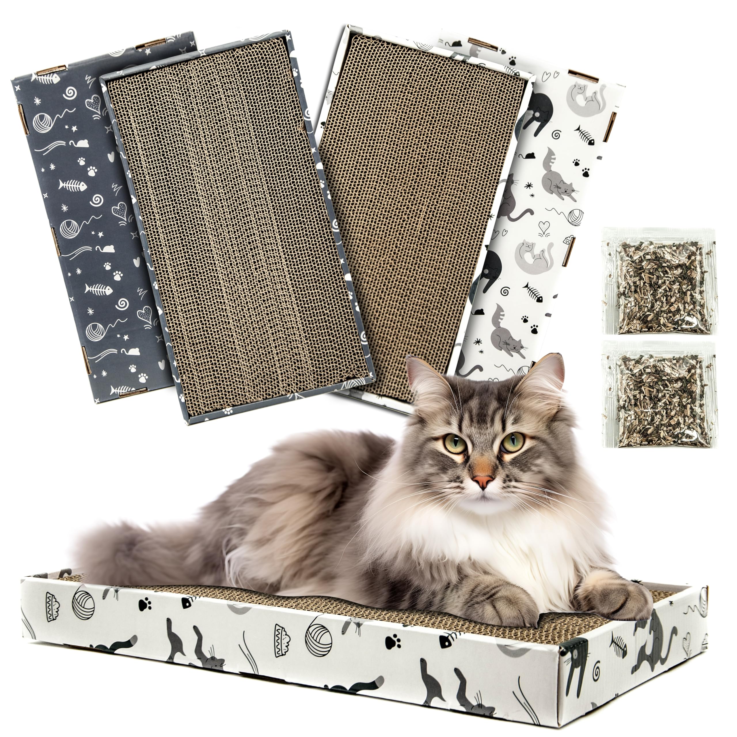 2x CORRUGATE Cat Scratching Board with CATNIP - Cat Scratcher for Indoor Cats, Box Scratch Pad, Cardboard, Bed, Reversible, Cleaner, Safe for Paws (White/Grey (Pack of 2), Animal Print)