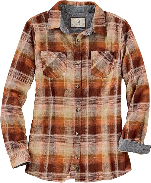 Legendary Whitetails Women's Standard Long Sleeve Plaid Flannel Button Up Shirt 100% Cotton, Pumpkin Spice, Small