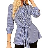 GRACE KARIN Peplum Tops for Women Tie Front Striped Button Down Shirt Collared Long Sleeve Business Casual Work Office Blouse