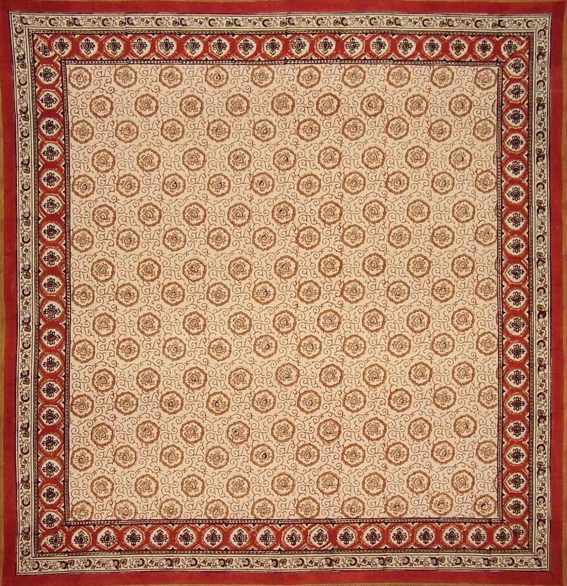 Full Moon Loom Hand Block Print Bagru Square Cotton Tablecloth 72" x 72" Red