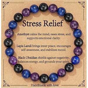 Saroly Healing Crystal Beaded Bracelet Jewelry Gifts for Women | Triple Protection, Stress Relief, Empath Protection, Good Lu