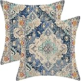 Gohdiwh Blue Boho Pillow Covers 20x20 Set of 2, Carpet Rug Design Decorative Boho Throw Pillows Linen Farmhouse Bohemian Cushion Pillow Covers for Sofa Couch Outdoor Decor