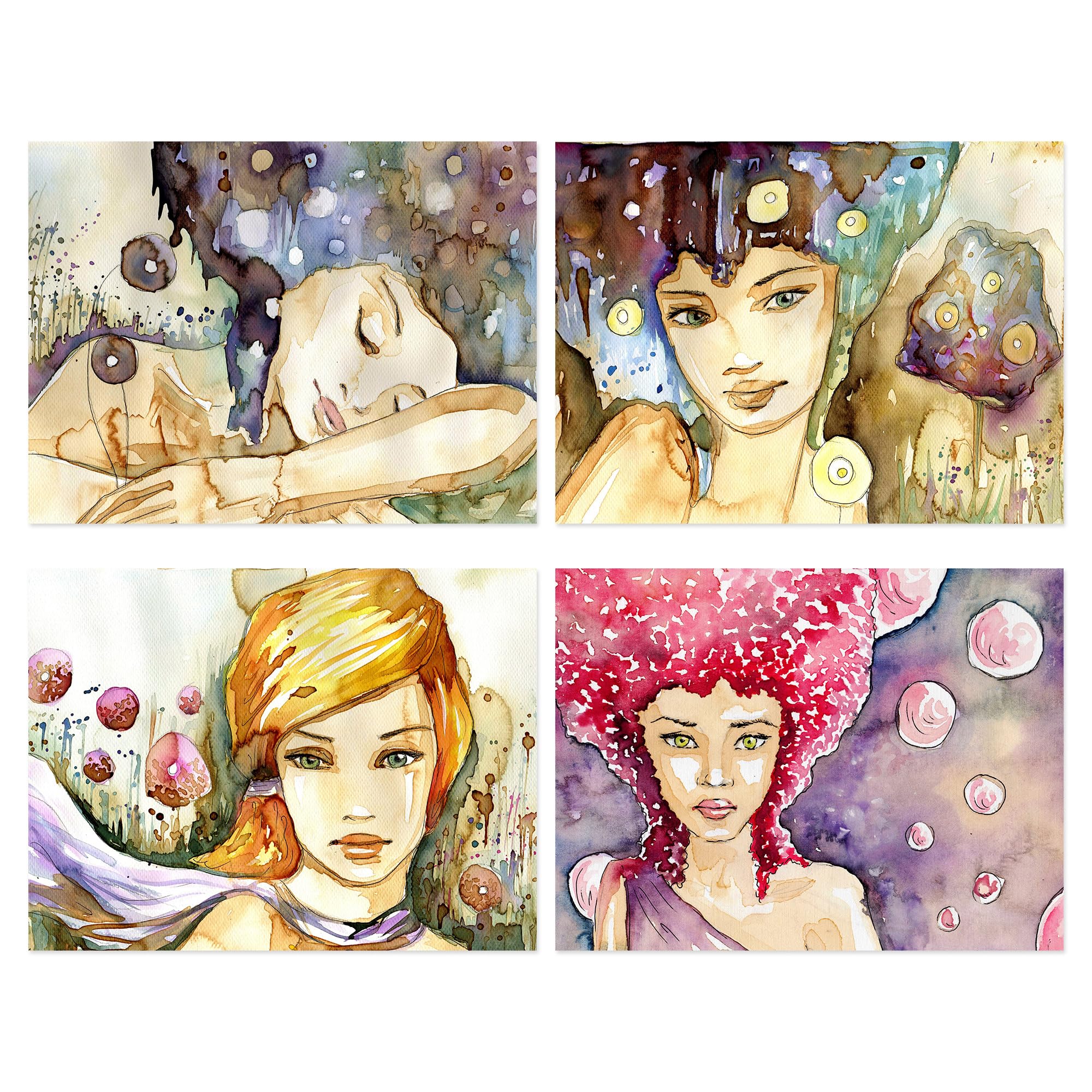 Wee Blue Coo Pack of 4 A4 Watercolour Women Portrait Modern Boho Painting Unframed Wall Art Living Room Prints Set