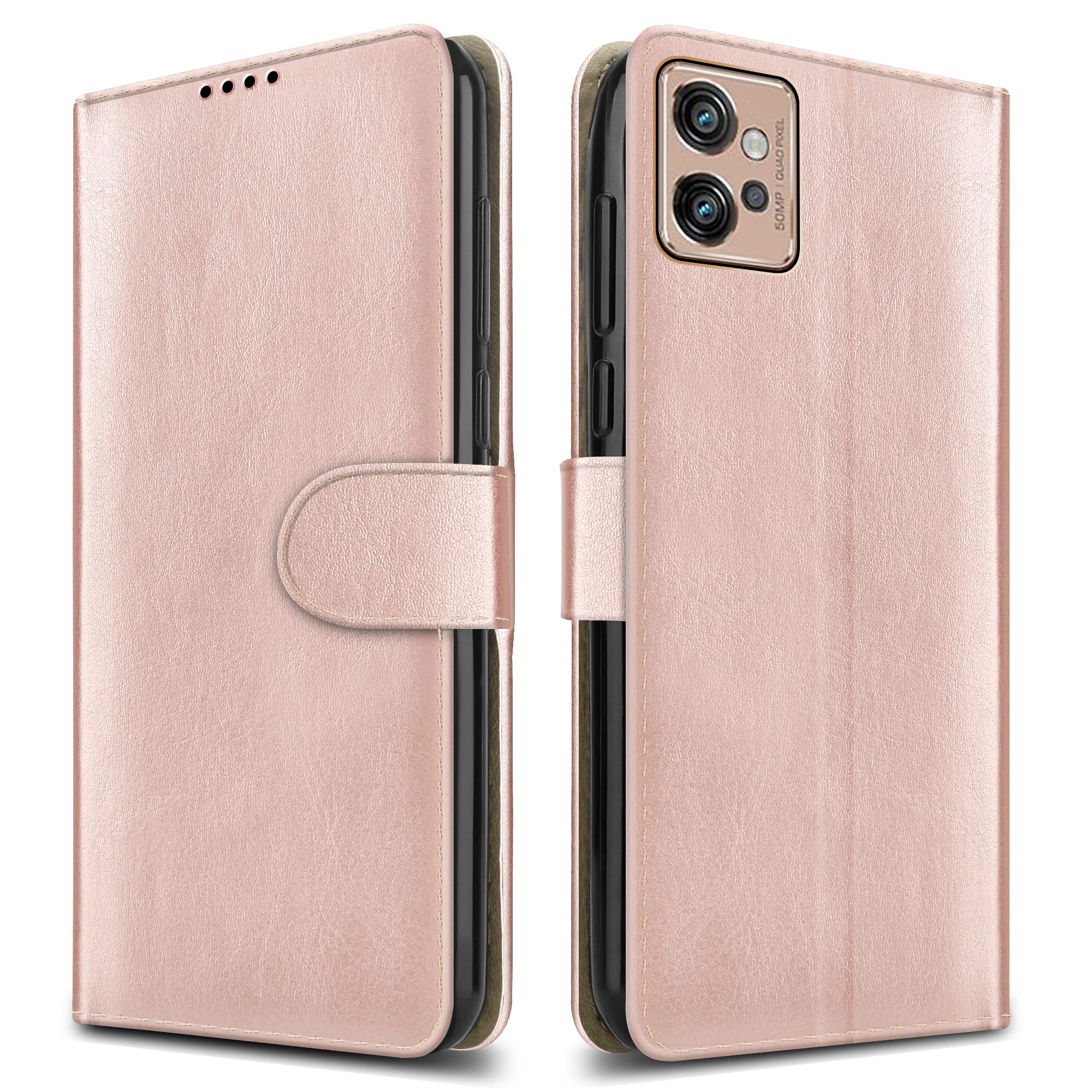PIXFAB For Motorola G32 Leather Phone Case, Magnetic Closure Full Protection Book Folio Design, Wallet Case Cover [Card Slots] and [Kickstand] For Motorola Moto G32 - Rose Gold