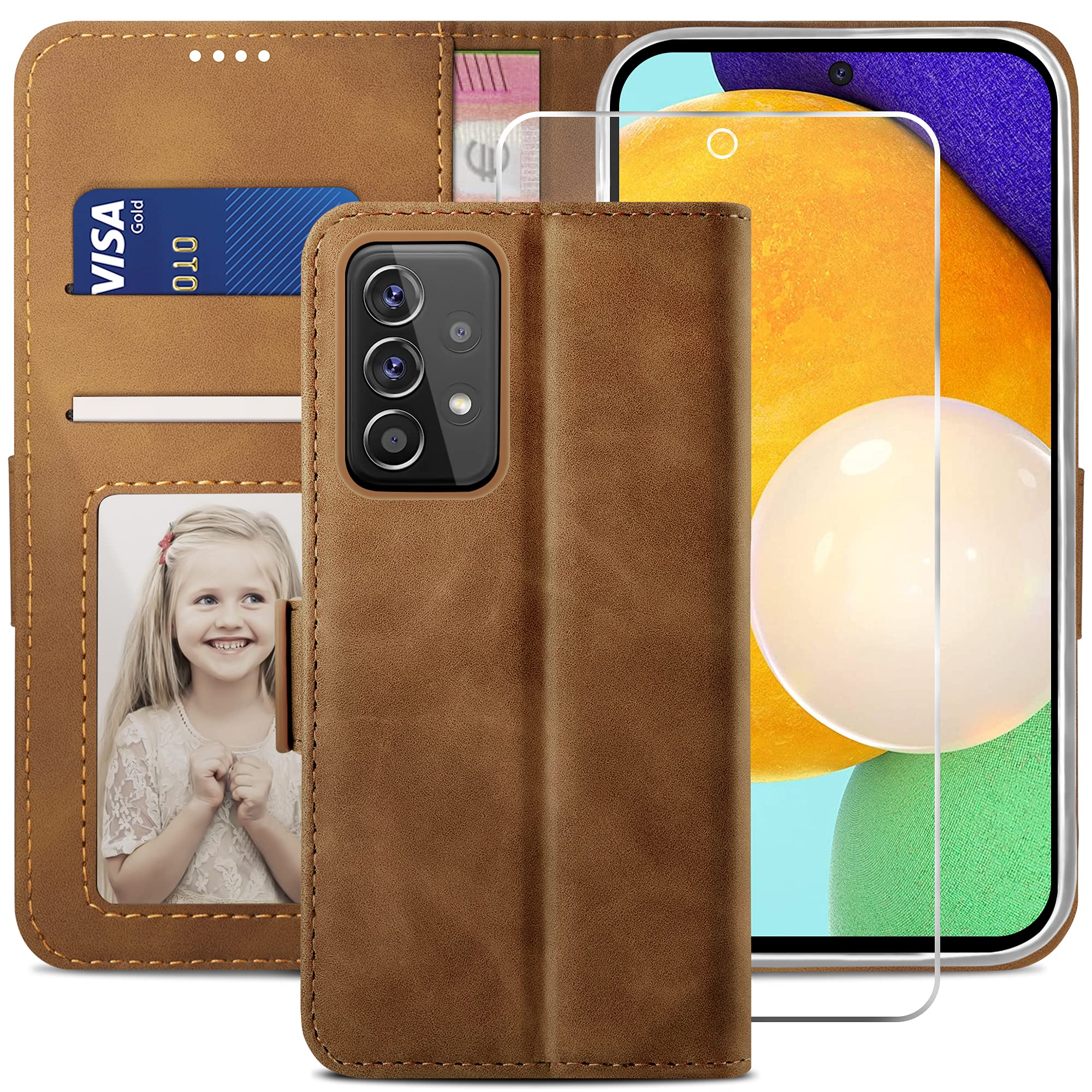 YATWIN Compatible with Samsung Galaxy A52s/A52 5G Case, Flip Wallet Leather Case with Tempered Glass Screen Protector and Card Slot Kickstand Phone Cases Cover for Samsung A52s/A52 5G - Brown — image 1