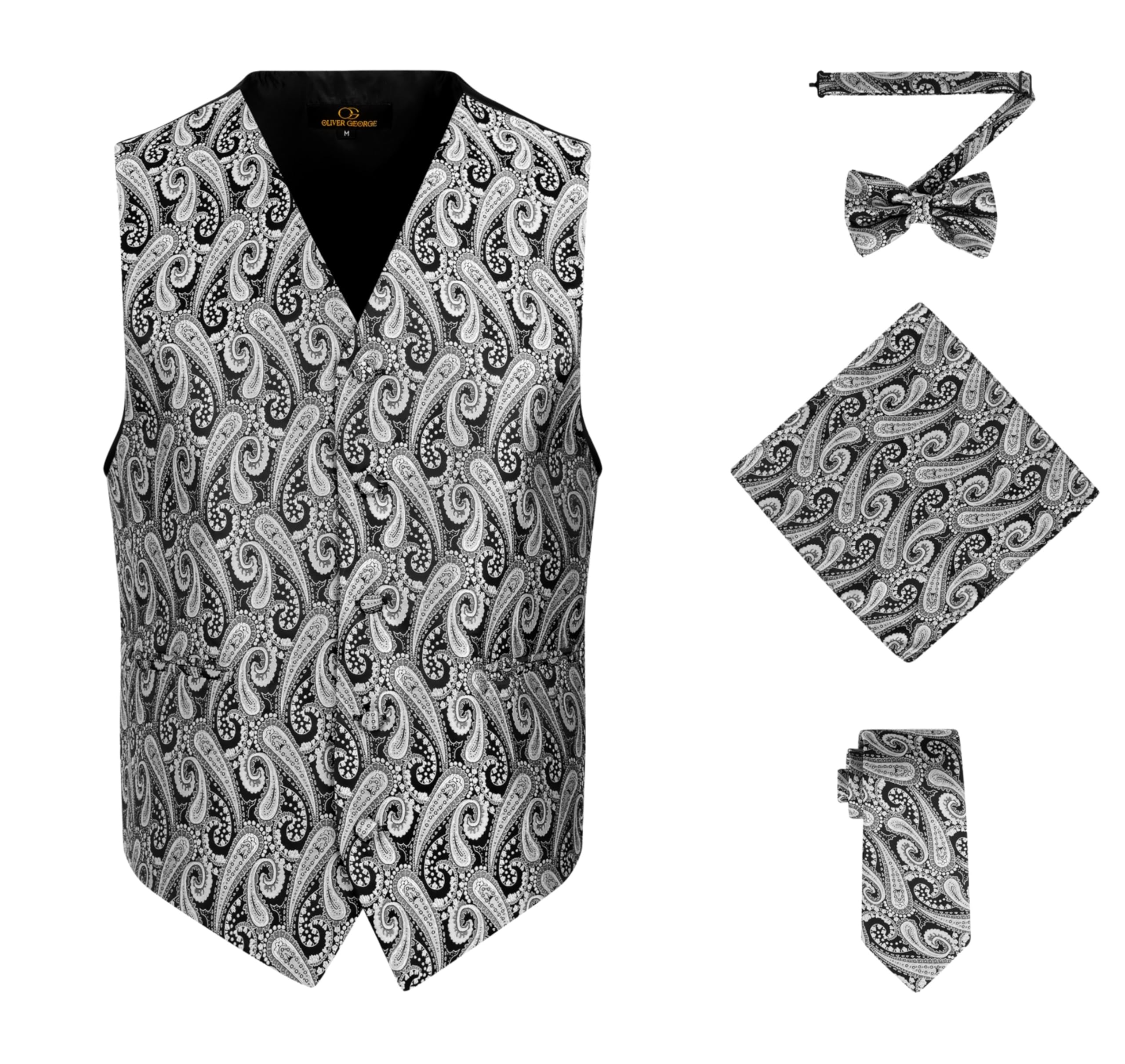 Photo 1 of Oliver George Men's 4pc Paisley Formal Suit Vest Waistcoat Tuxedo Dress Vest Necktie Bowtie Handkerchief Set for Suit or Tuxedo Silver Black 4X-Large