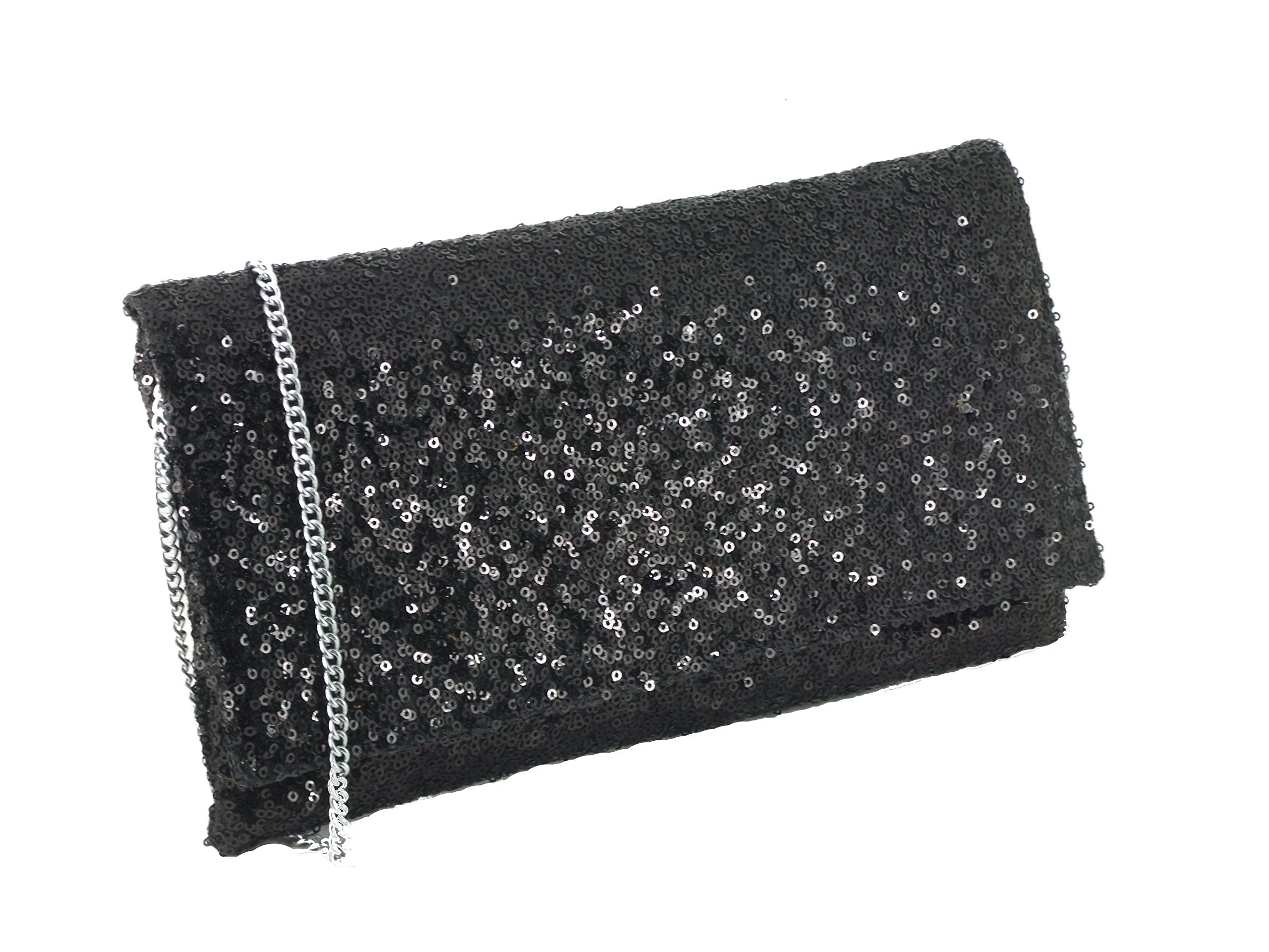 Loni Sparkly Sequin Party Evening Clutch Shoulder Bag in Black