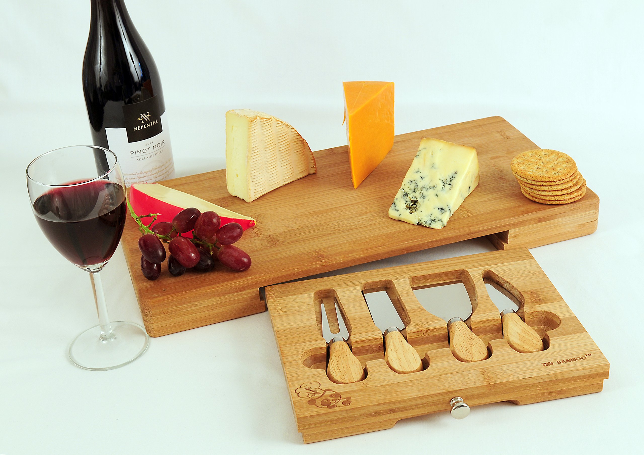 Extra Large Cheese Board with Integrated Speciality Knife / Cutlery Tool Compartment | Largest Cheese board with knife set | Bamboo Cheeseboard and knives Gift Set | Charcuterie Platter Serving Tray