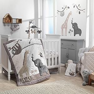 Lambs & Ivy Baby Jungle Animals 4-Piece Gray/White/Taupe Crib Bedding Set