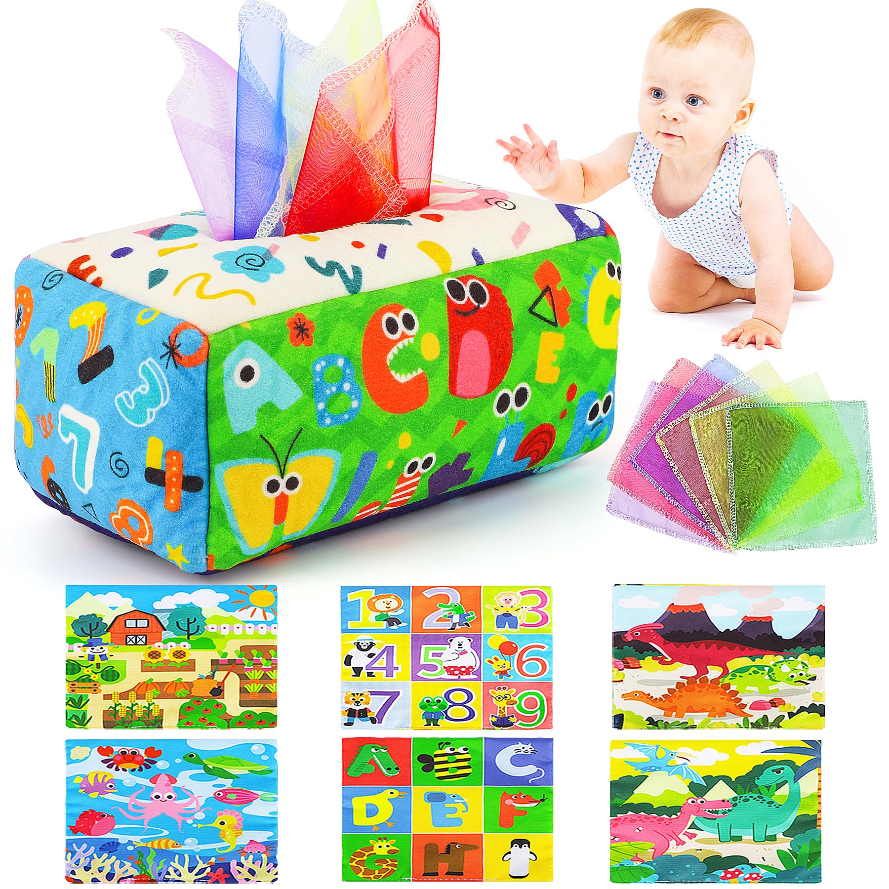 URMYWO Baby Toys 6 to 12 Months, Baby Tissue Box Toy, Sensory Toys for Babies, Toys for 1 Year Old Boy Girl, Soft Crinkle for Infant Toddlers, Stocking Stuffers, Baby Boy Girl Gifts — image 1
