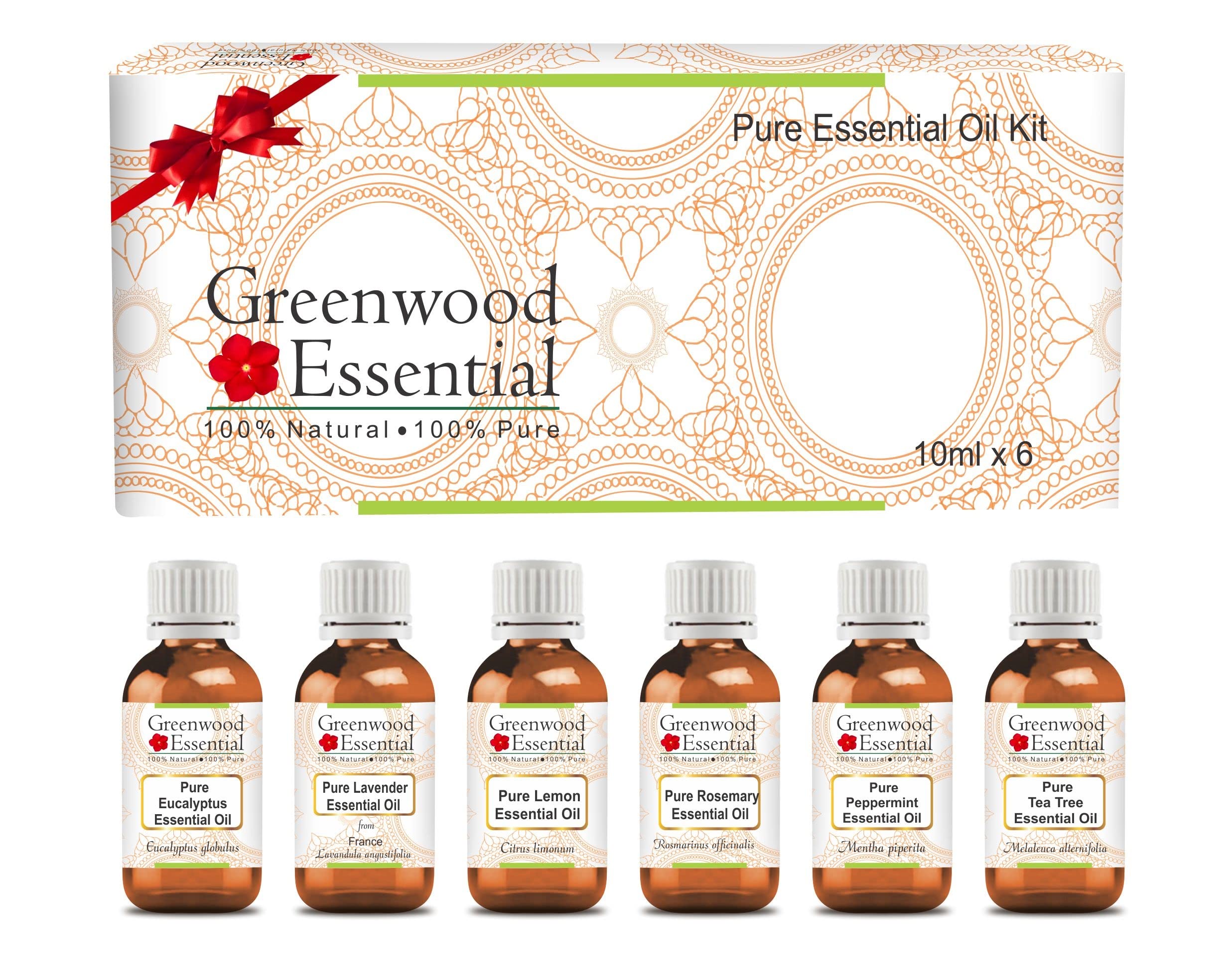 Greenwood Essential Essential Oil Kit 100% Natural Therapeutic Grade 10ml (0.33 oz) Each - Pack of 6